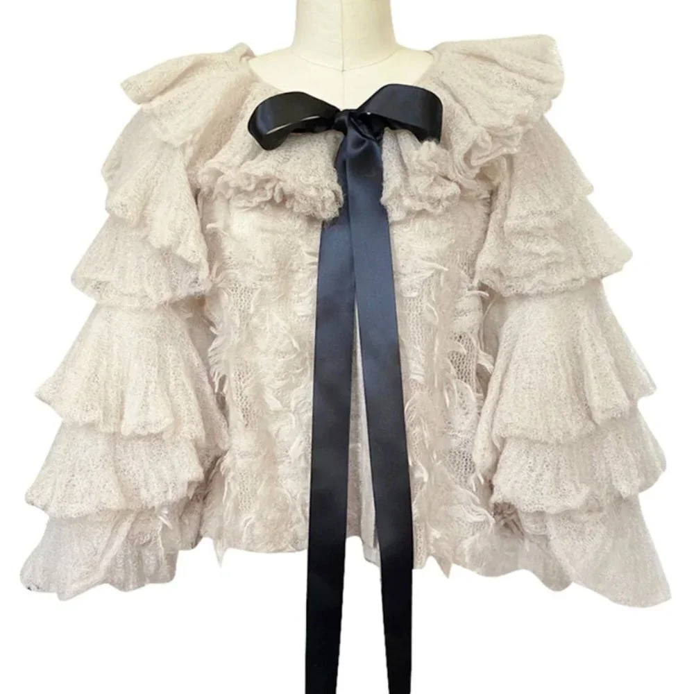 2009 CHANEL 09A Gossamer Mohair Knit Ruffled Fantasy Evening Jacket Black FR-38